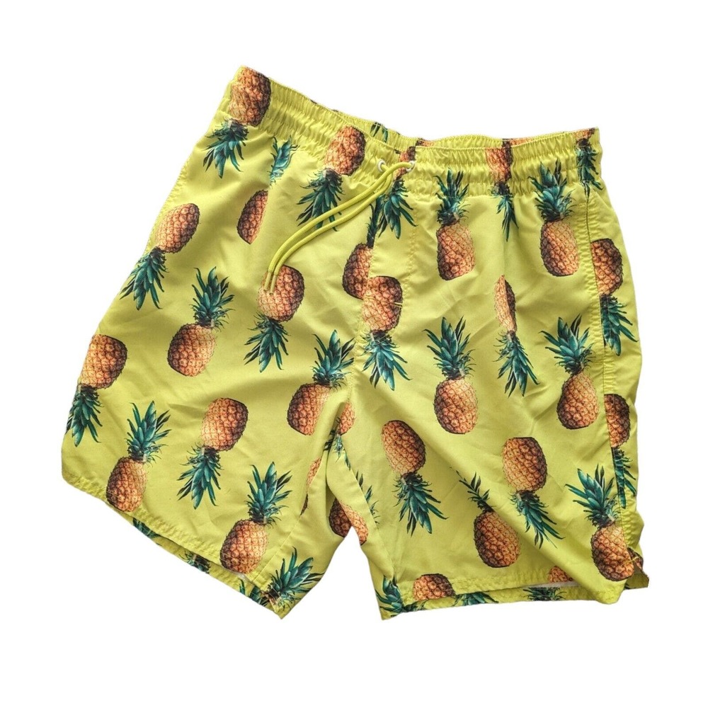 Old Navy Men's M Yellow Pineapple Graphics Swim Trunks Board Shorts Mesh Pockets